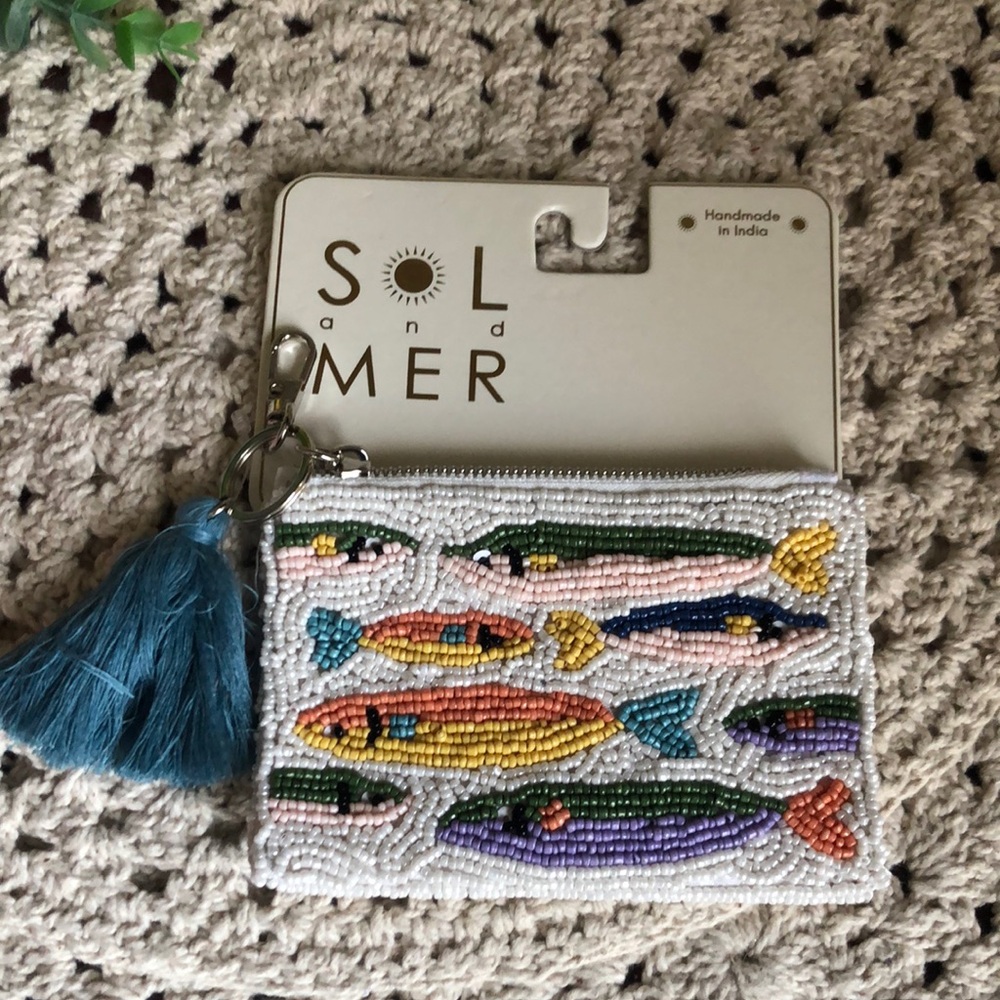 SOL and MER Beaded Sardine Fish Coin Purse with Teal Tassel